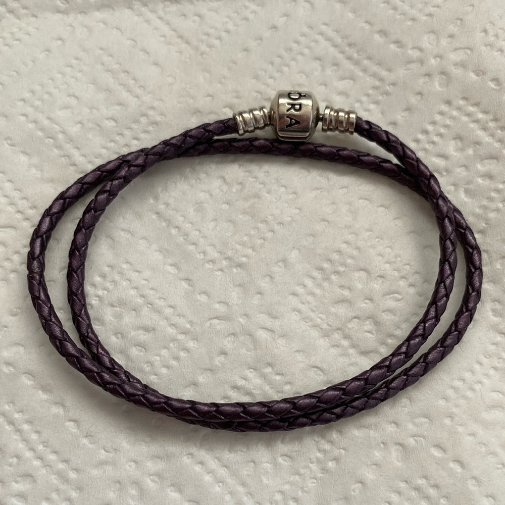 Authentic Pandora double wrap purple Braided Leather Bracelet Silver Clasp 39 cm